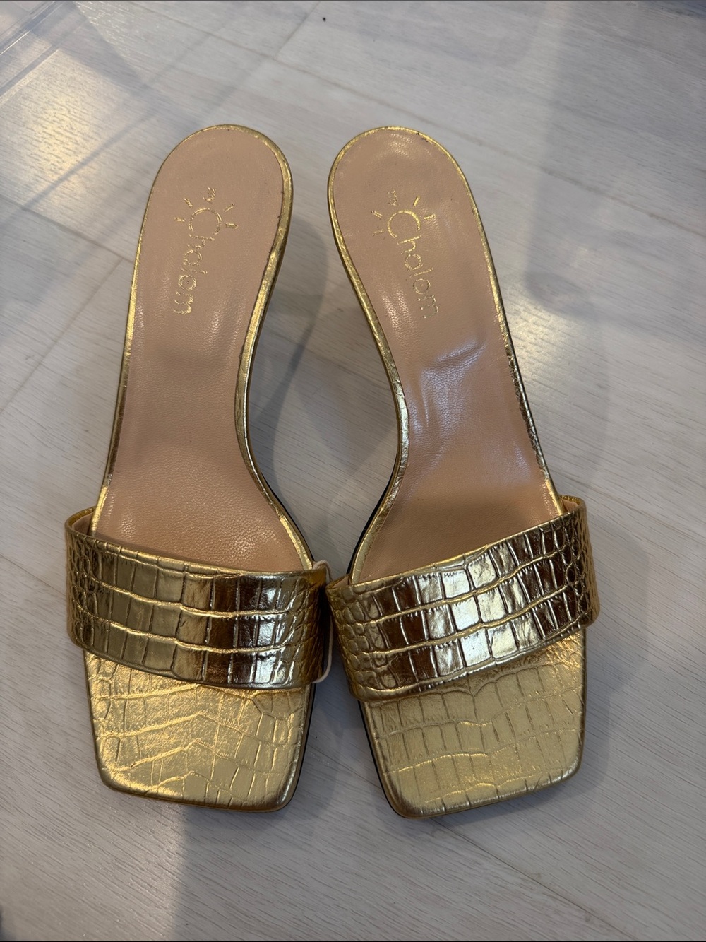 Gold Croc-Embossed Slide Mule Heels by Italian Brand My Chalom - Women